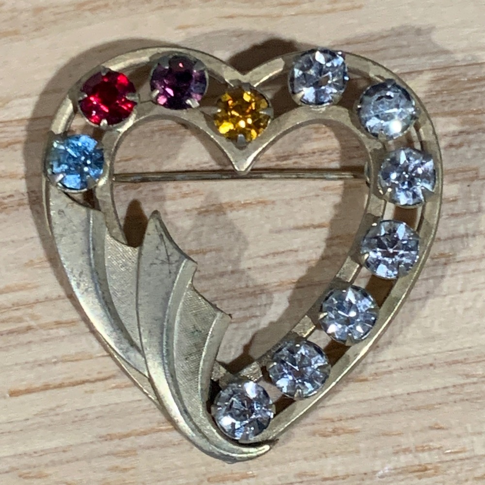 Catamore Heart Brooch Women MCM 12K Gold Filled Multi Rhinestone Vintage Jewelry